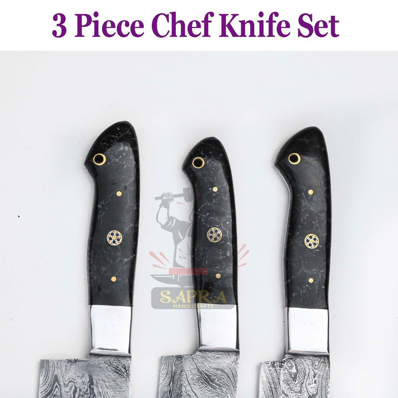 3Piece Custom Handmade Damascus Steel Chef Knife Set With Leather Roll Bag 3