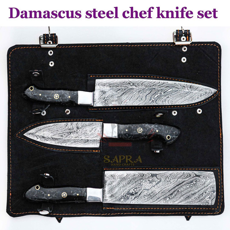 3Piece Custom Handmade Damascus Steel Chef Knife Set With Leather Roll Bag 0