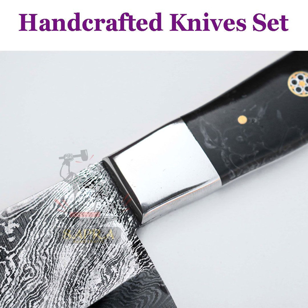 3Piece Custom Handmade Damascus Steel Chef Knife Set With Leather Roll Bag 4