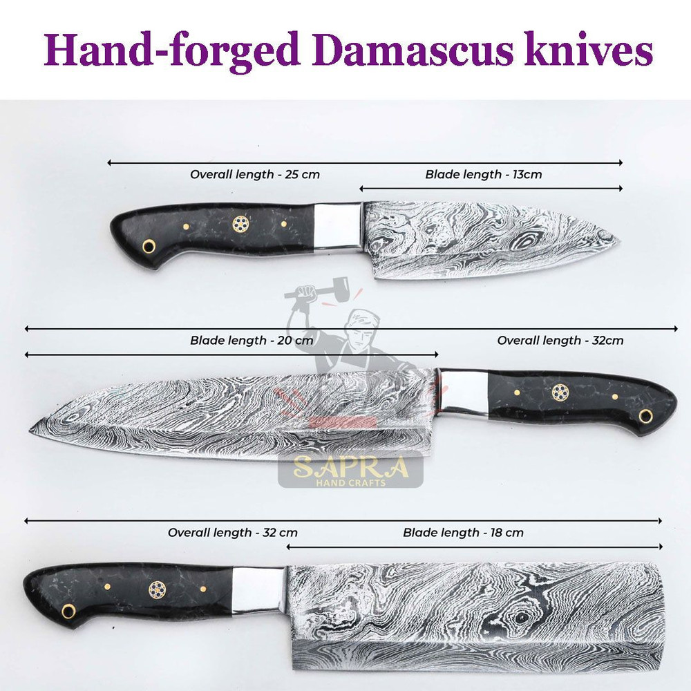 3Piece Custom Handmade Damascus Steel Chef Knife Set With Leather Roll Bag 2