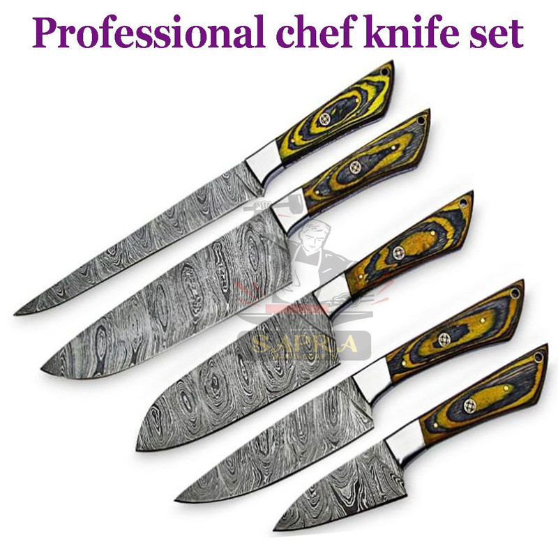 5Piece Handcrafted Damascus Steel Chef Knife Set With Leather Roll Professional Kitchen Knives 2