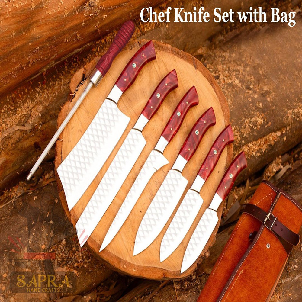 Custom Handcrafted J2 Steel Chef Knife Set With Leather Roll Bag  Sharpener 0