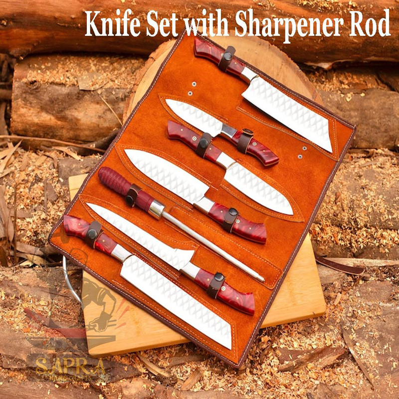 Custom Handcrafted J2 Steel Chef Knife Set With Leather Roll Bag  Sharpener 1