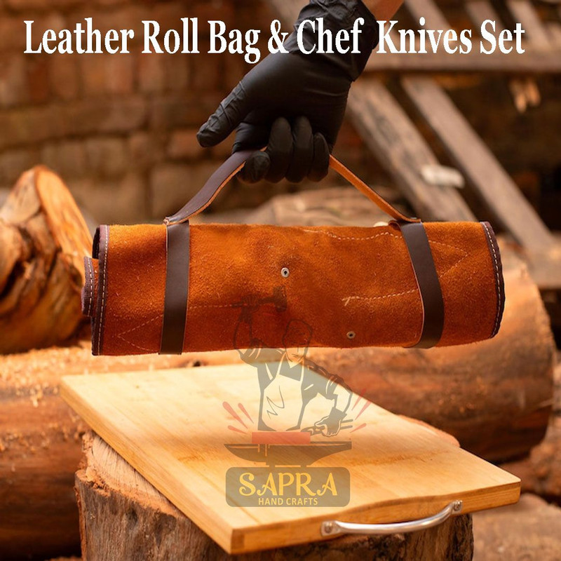 Custom Handcrafted J2 Steel Chef Knife Set With Leather Roll Bag  Sharpener 3