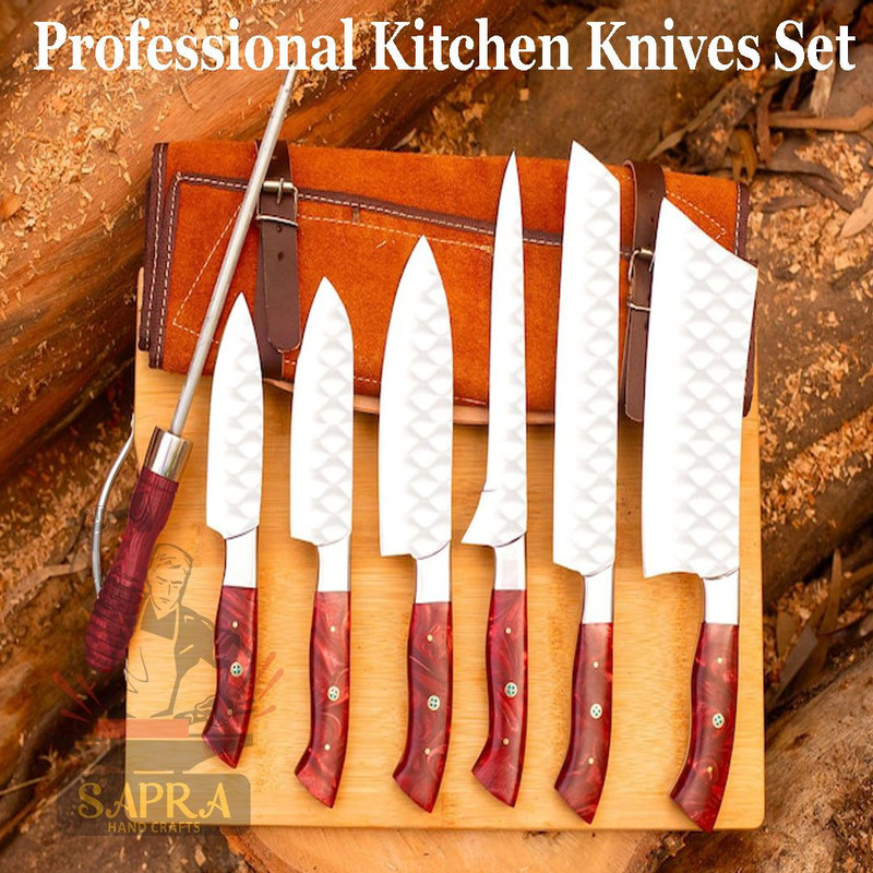 Custom Handcrafted J2 Steel Chef Knife Set With Leather Roll Bag  Sharpener 2