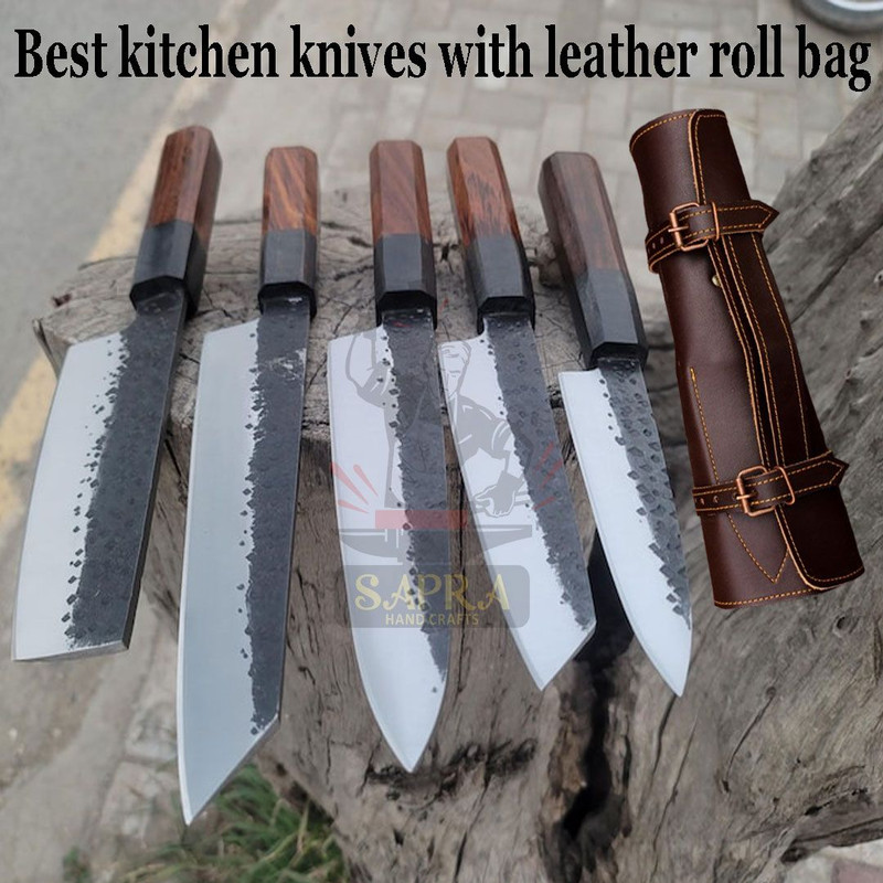 Handmade Forged D2 Steel Kitchen Knives Set With Leather Roll Bag 1