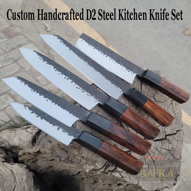 Handmade Forged D2 Steel Kitchen Knives Set With Leather Roll Bag 0