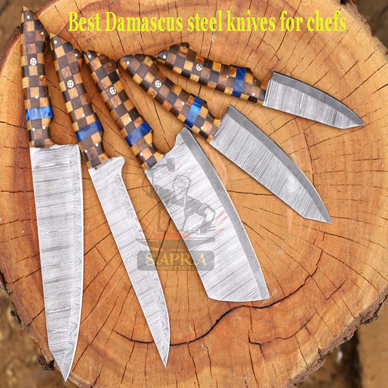 5Piece Handcrafted Damascus Steel Chef Knife Set With Leather Roll Bag 0