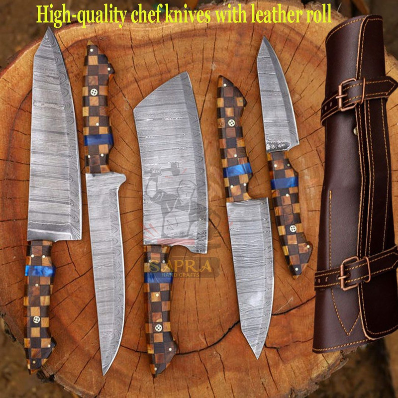 5Piece Handcrafted Damascus Steel Chef Knife Set With Leather Roll Bag 2