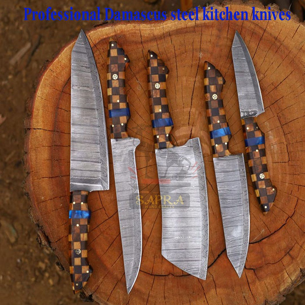 5Piece Handcrafted Damascus Steel Chef Knife Set With Leather Roll Bag 6