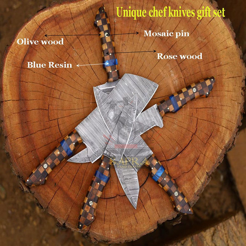 5Piece Handcrafted Damascus Steel Chef Knife Set With Leather Roll Bag 1