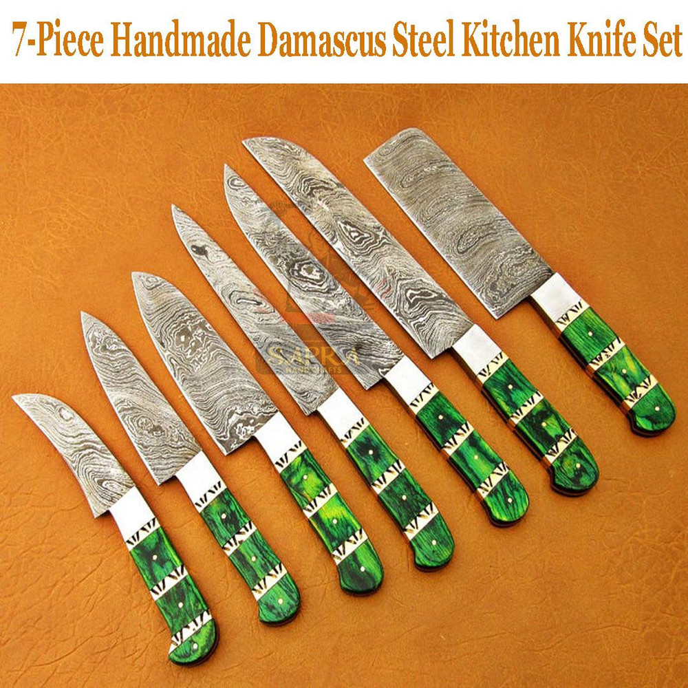 7Piece Handmade Damascus Steel Kitchen Knife Set With Leather Roll Bag 4