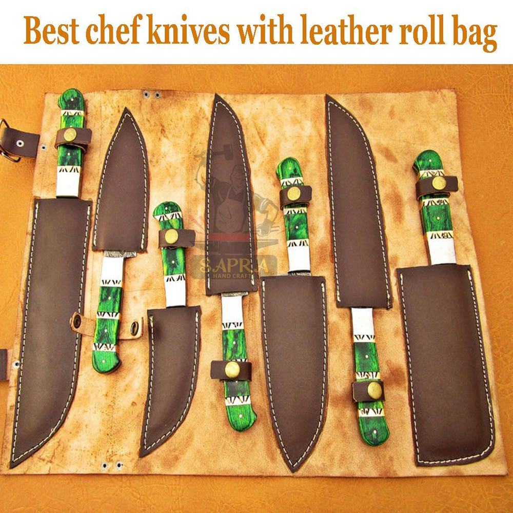 7Piece Handmade Damascus Steel Kitchen Knife Set With Leather Roll Bag 2