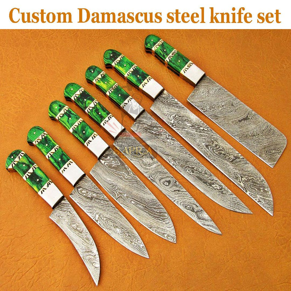7Piece Handmade Damascus Steel Kitchen Knife Set With Leather Roll Bag 6
