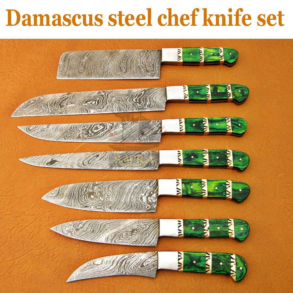 7Piece Handmade Damascus Steel Kitchen Knife Set With Leather Roll Bag 0