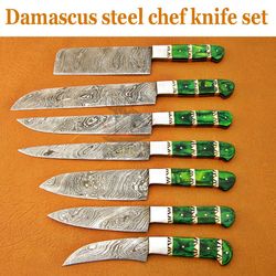 7-piece handmade damascus steel kitchen knife set with leather roll bag