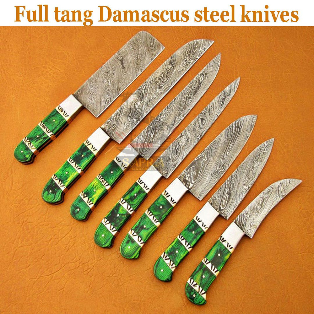 7Piece Handmade Damascus Steel Kitchen Knife Set With Leather Roll Bag 7