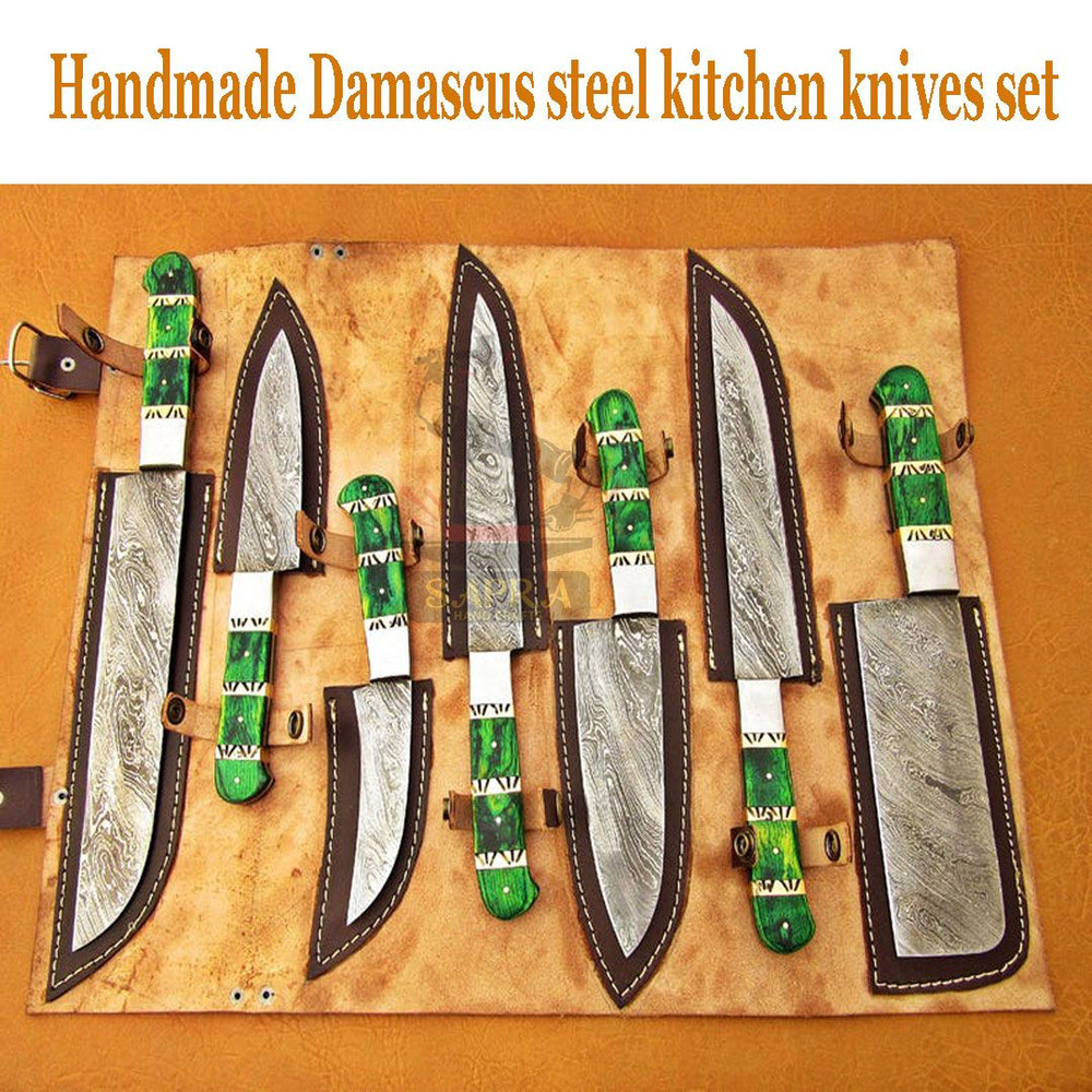 7Piece Handmade Damascus Steel Kitchen Knife Set With Leather Roll Bag 1