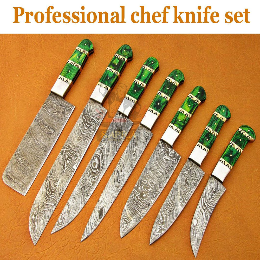 7Piece Handmade Damascus Steel Kitchen Knife Set With Leather Roll Bag 8