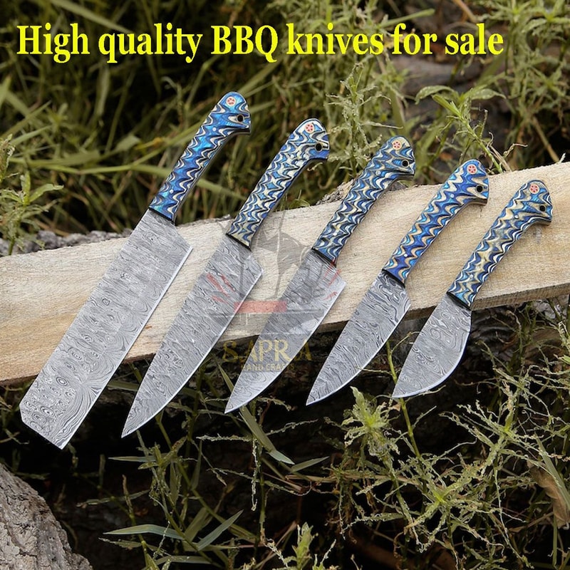 Custom Damascus Steel Chef BBQ Knife Set With Leather Bag 3
