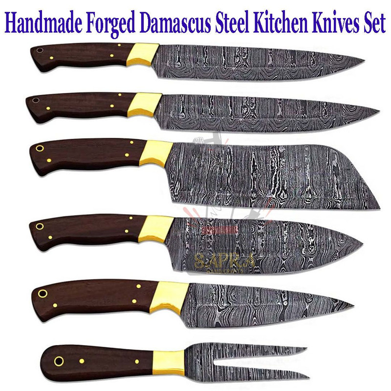Handmade Forged Damascus Steel Kitchen Knives Set Premium Chef Knife Collection With Leather Roll