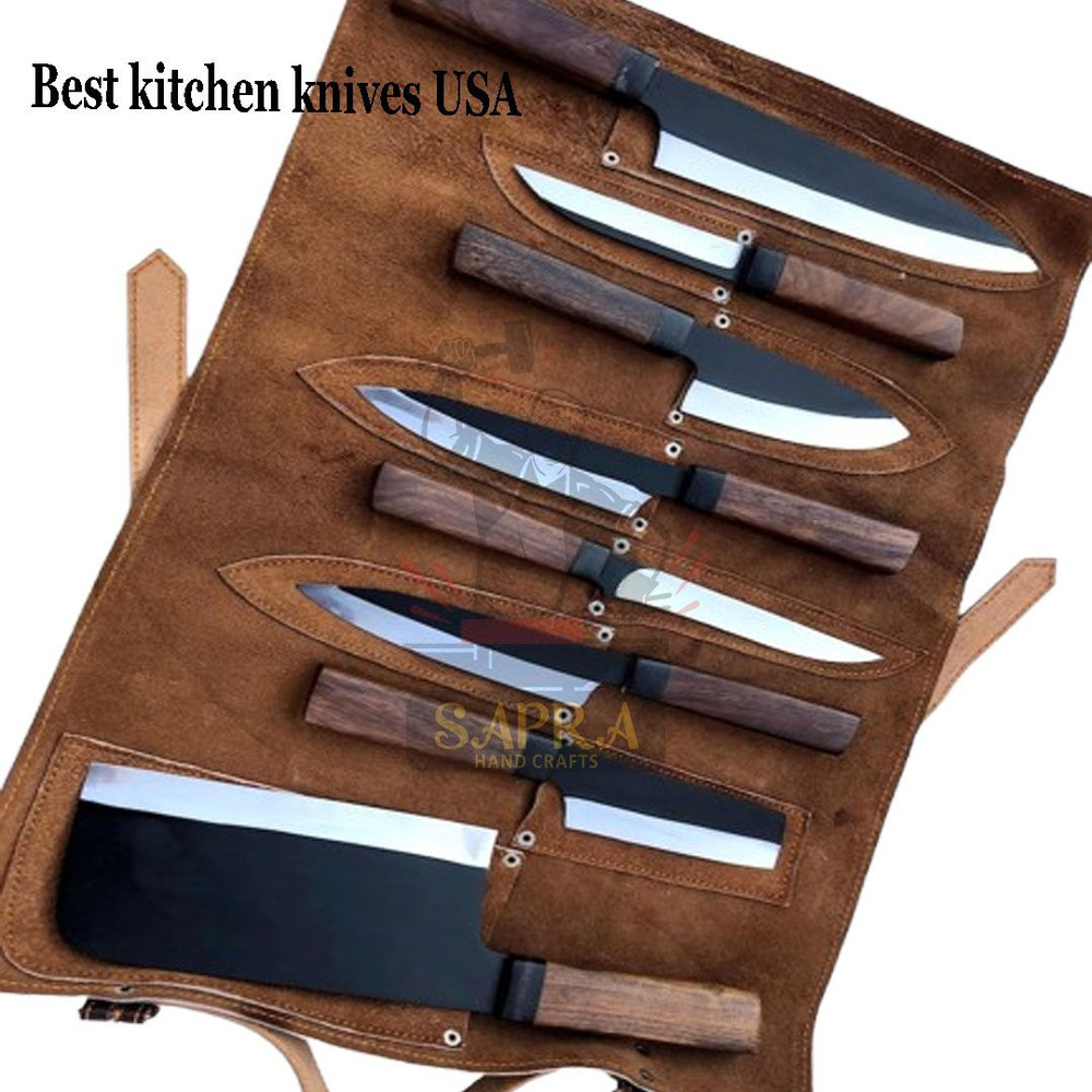 Handmade 8 Piece J2 Steel Kitchen Knife Set Leather Roll Bag 0