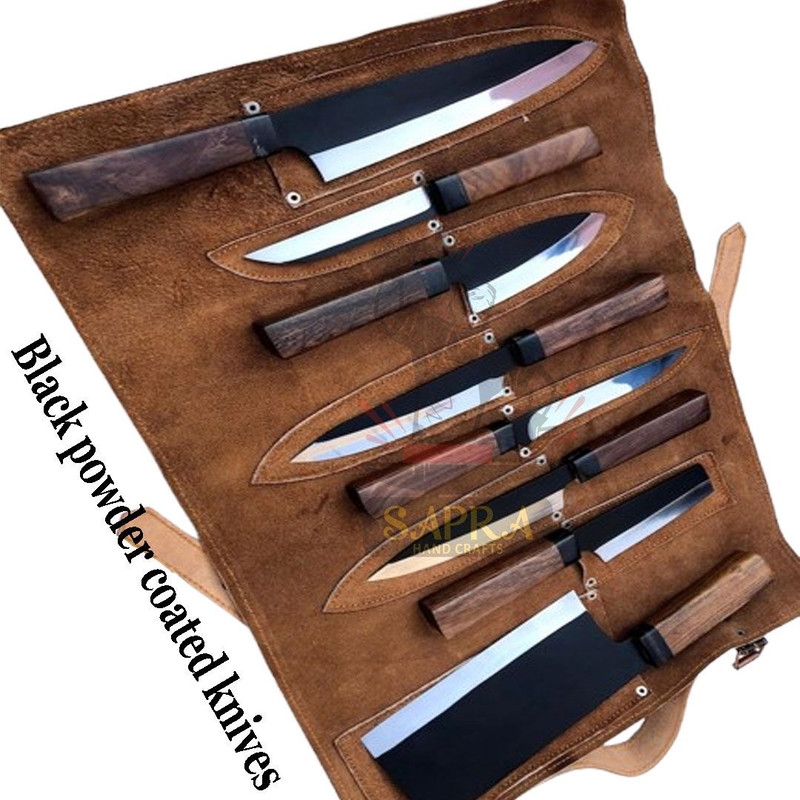Handmade 8 Piece J2 Steel Kitchen Knife Set Leather Roll Bag 1