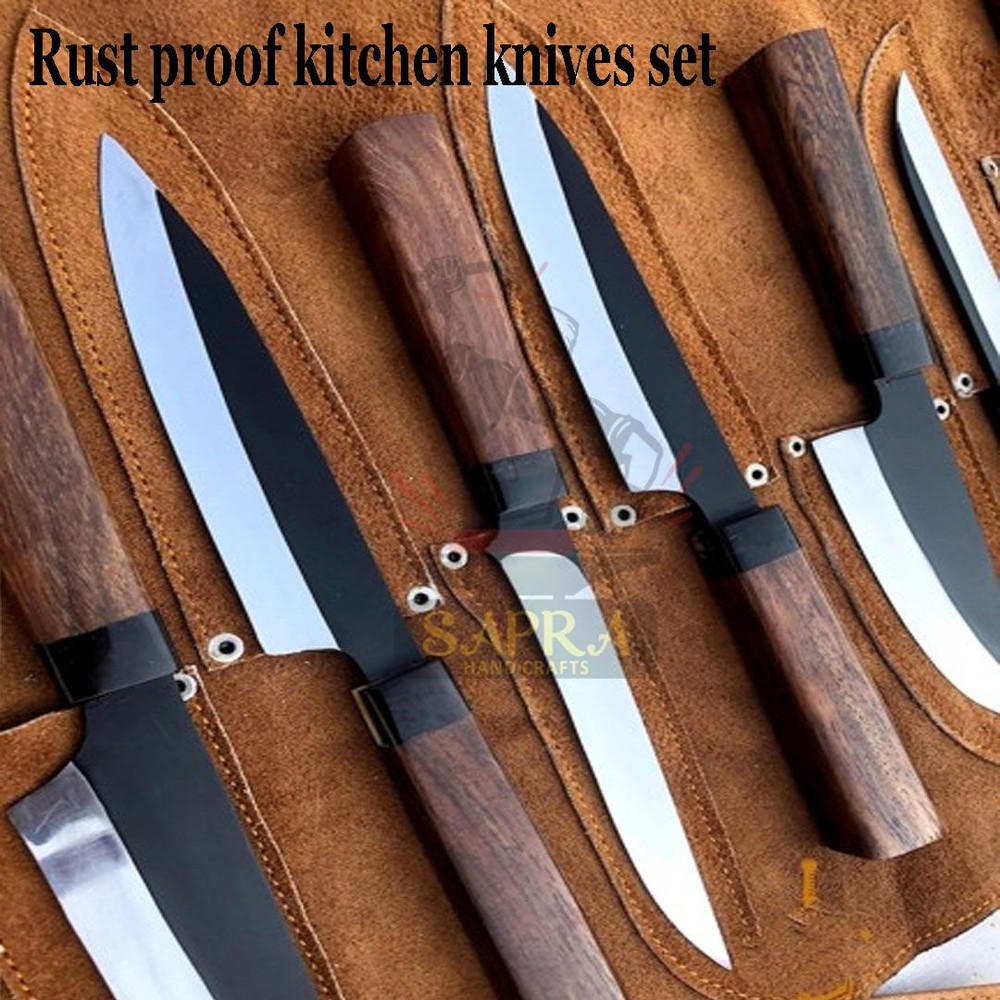 Handmade 8 Piece J2 Steel Kitchen Knife Set Leather Roll Bag 7