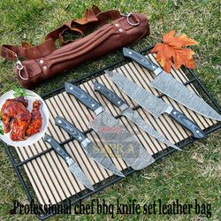 custom handmade professional chef bbq knife set leather bag