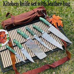 handmade damascus steel chef outoor bbq knife set with leather roll bag