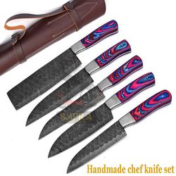5 piece handmade damascus steel chef knife set leather bag