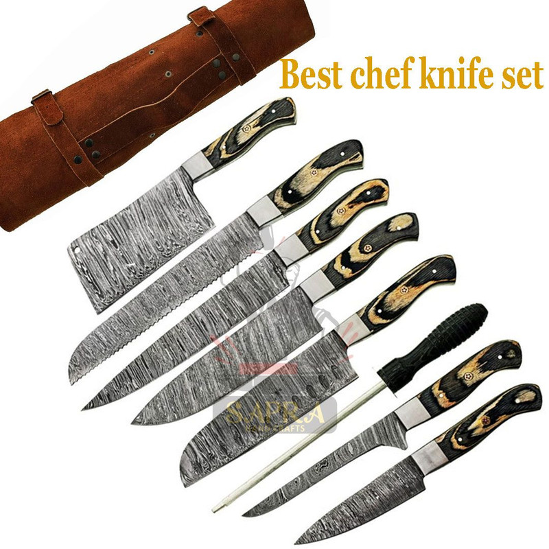 7piece Damascus Steel Chef Knife Set With Sharpener Rod And Leather Bag 3