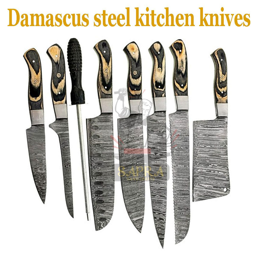 7piece Damascus Steel Chef Knife Set With Sharpener Rod And Leather Bag 2