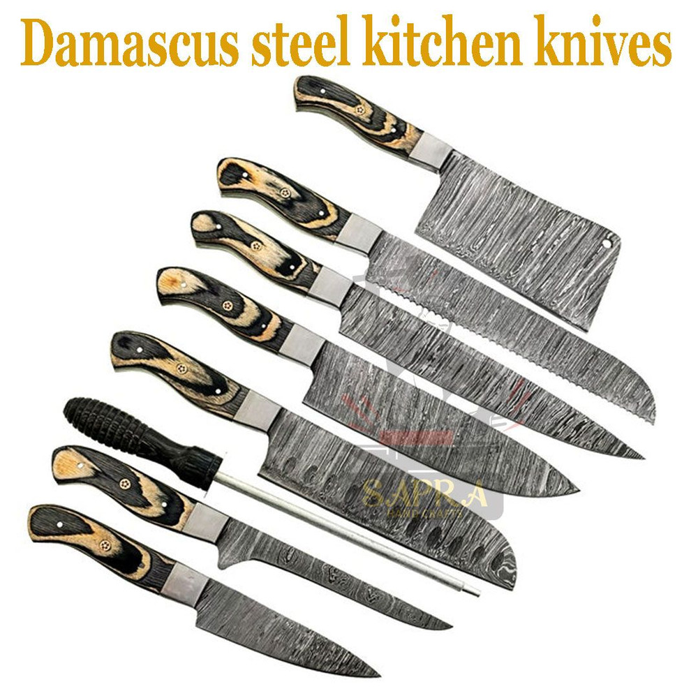 7piece Damascus Steel Chef Knife Set With Sharpener Rod And Leather Bag 4