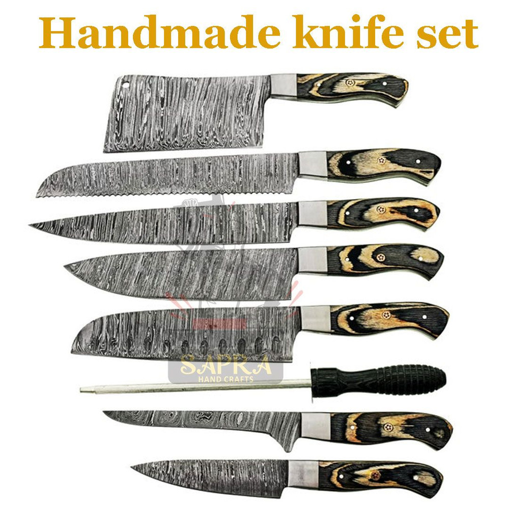 7piece Damascus Steel Chef Knife Set With Sharpener Rod And Leather Bag 5
