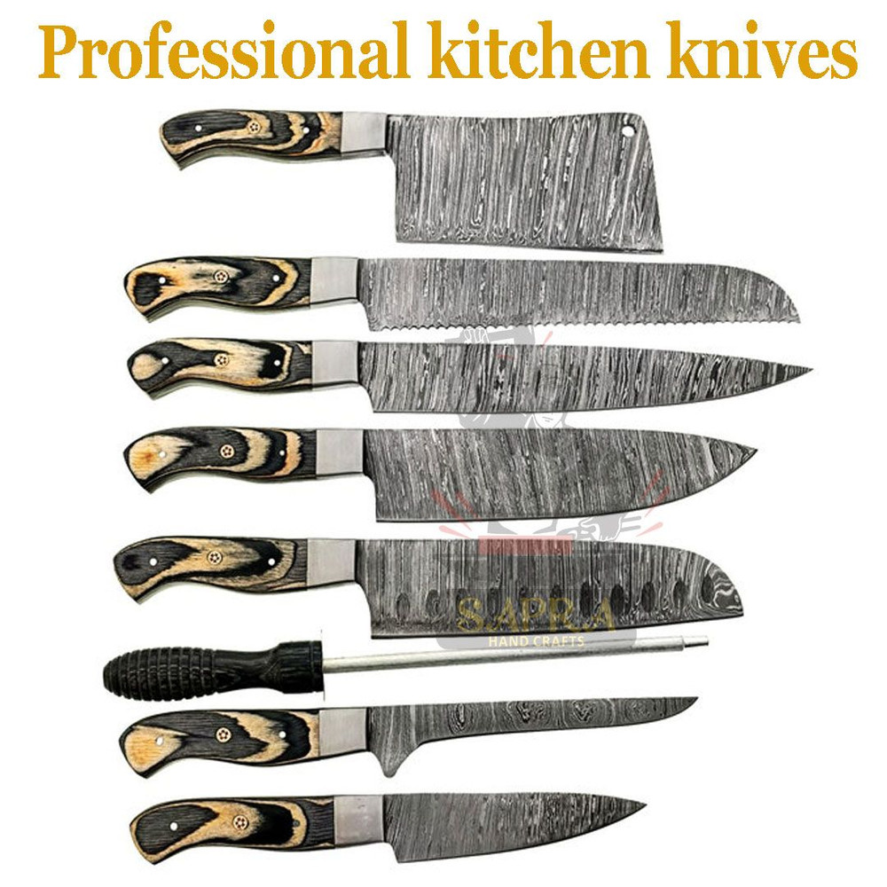 7piece Damascus Steel Chef Knife Set With Sharpener Rod And Leather Bag 6