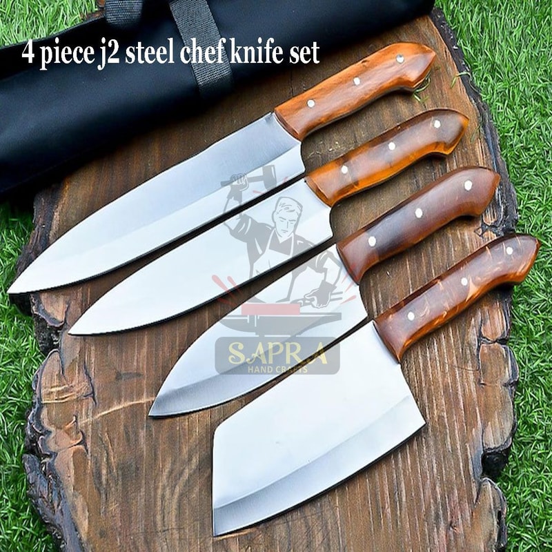 4 Piece J2 Steel Chef Knife Set With Leather Roll Bag 0