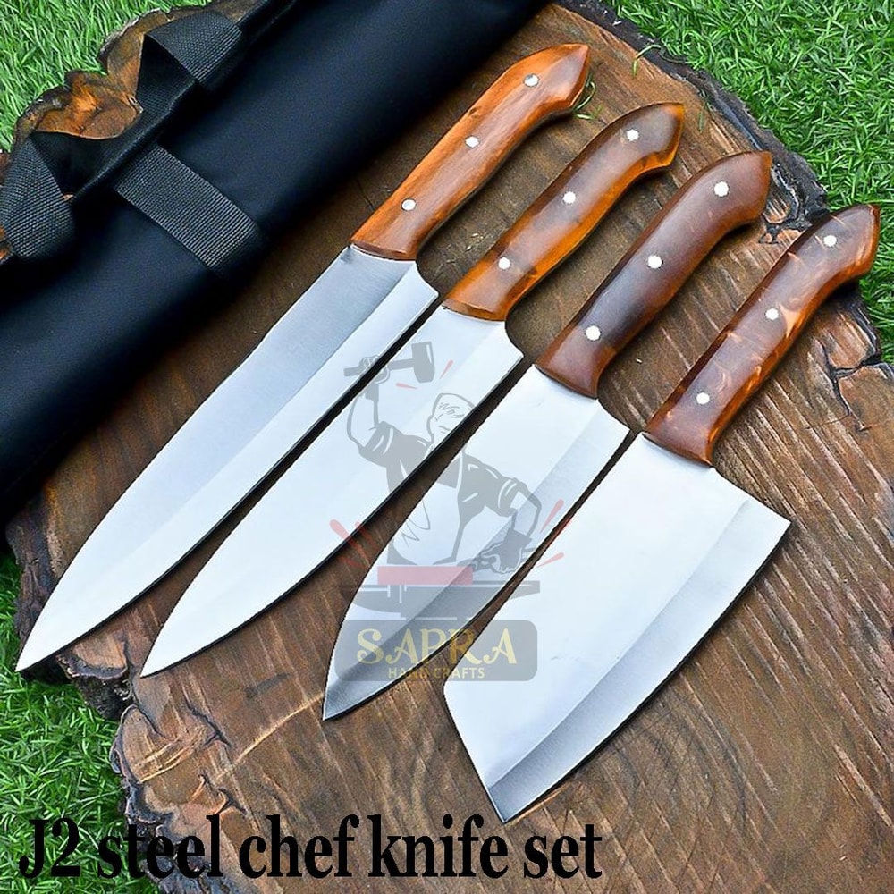 4 Piece J2 Steel Chef Knife Set With Leather Roll Bag 1