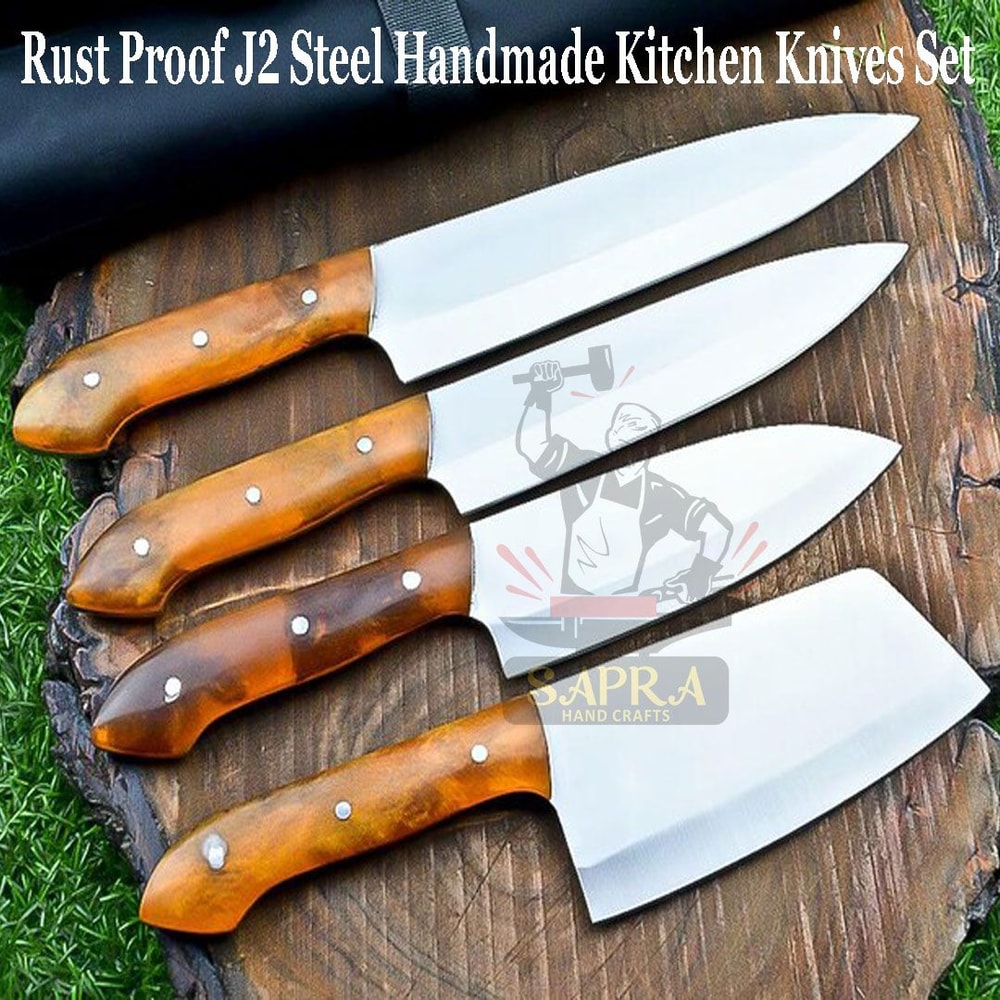 4 Piece J2 Steel Chef Knife Set With Leather Roll Bag 2