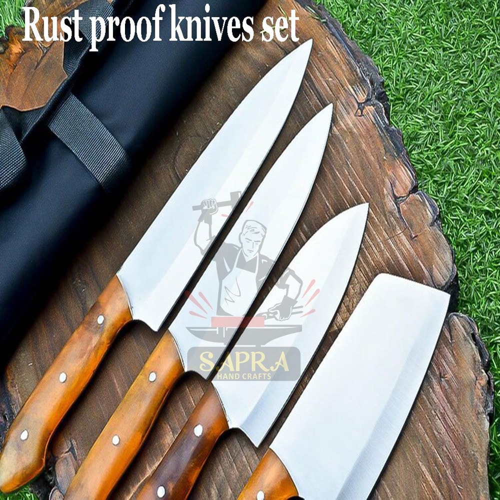 4 Piece J2 Steel Chef Knife Set With Leather Roll Bag 3