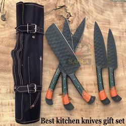 custom handmade 5-piece j2 steel kitchen knife set rust proof blades with leather roll bag