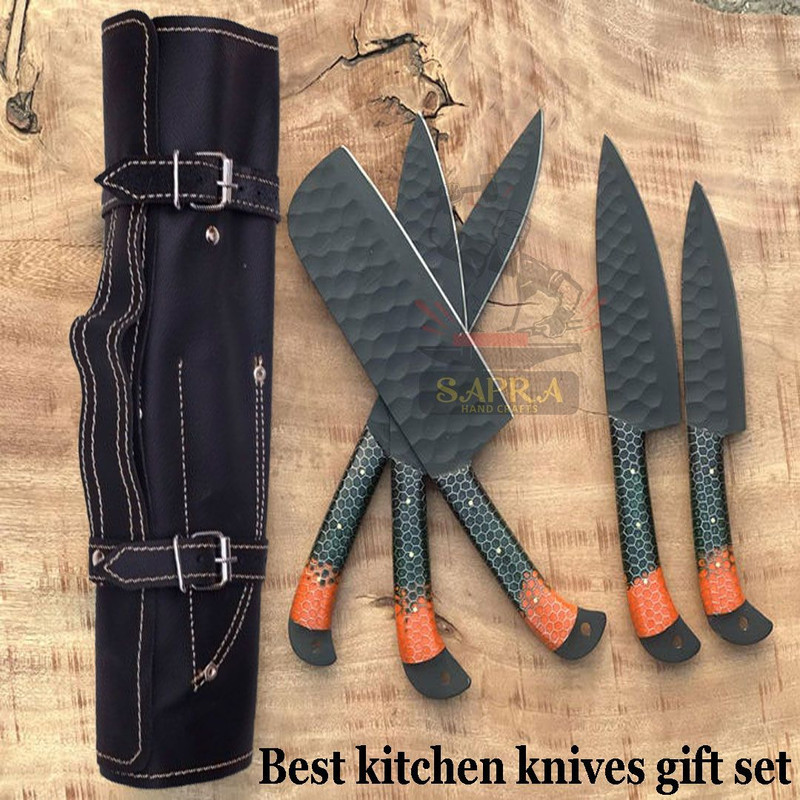 Custom Handmade 5Piece J2 Steel Kitchen Knife Set Rust Proof Blades With Leather Roll Bag 0