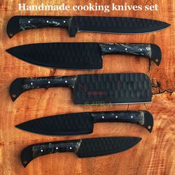 custom handmade powder coated j2 steel 5-piece kitchen knife set with leather bag