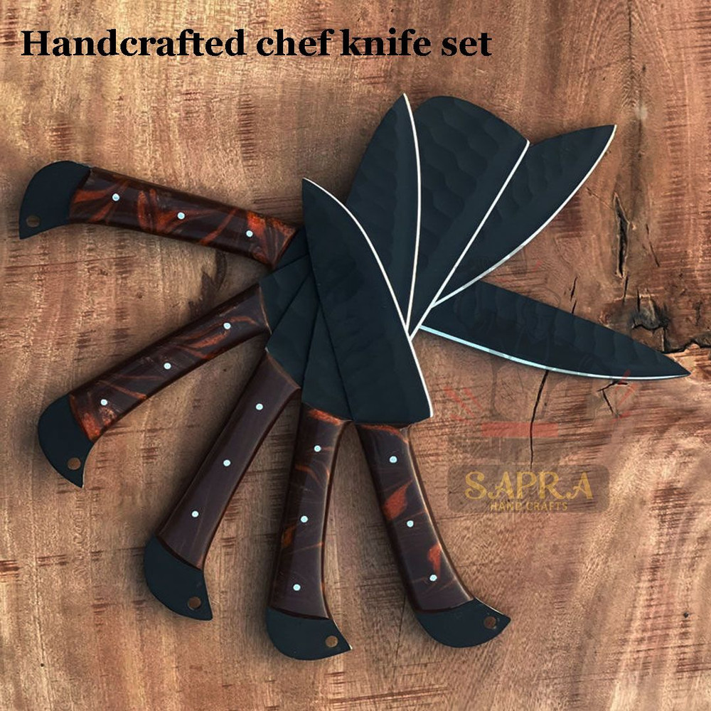 Custom Handmade 5Piece J2 Steel Kitchen Knife Set Powder Coated With Leather Bag 5
