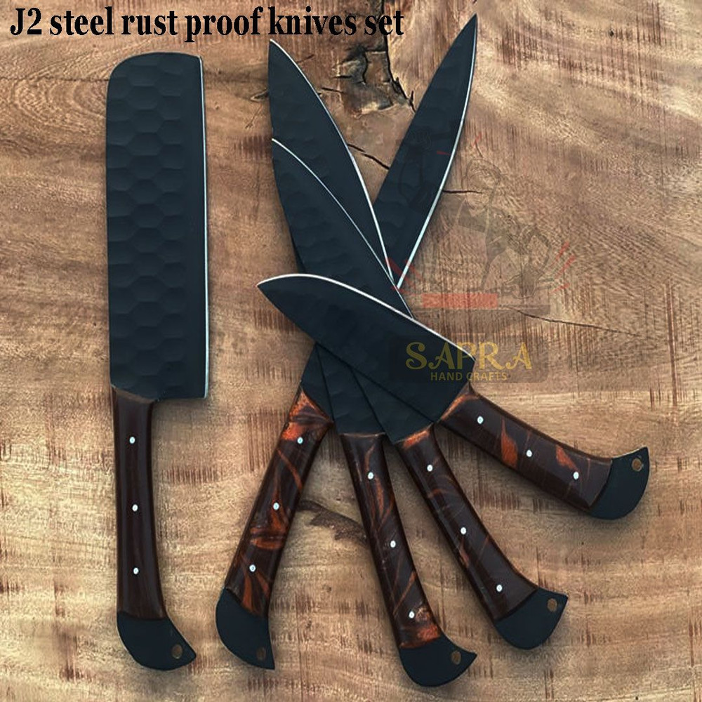Custom Handmade 5Piece J2 Steel Kitchen Knife Set Powder Coated With Leather Bag 6