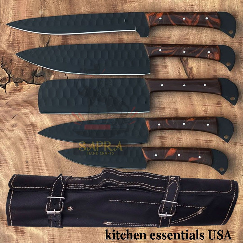 Custom Handmade 5Piece J2 Steel Kitchen Knife Set Powder Coated With Leather Bag 4