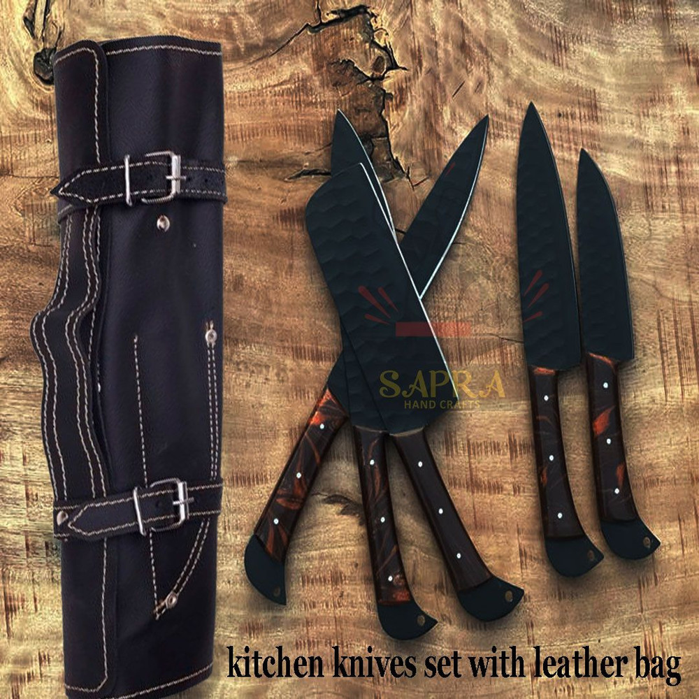 Custom Handmade 5Piece J2 Steel Kitchen Knife Set Powder Coated With Leather Bag 1