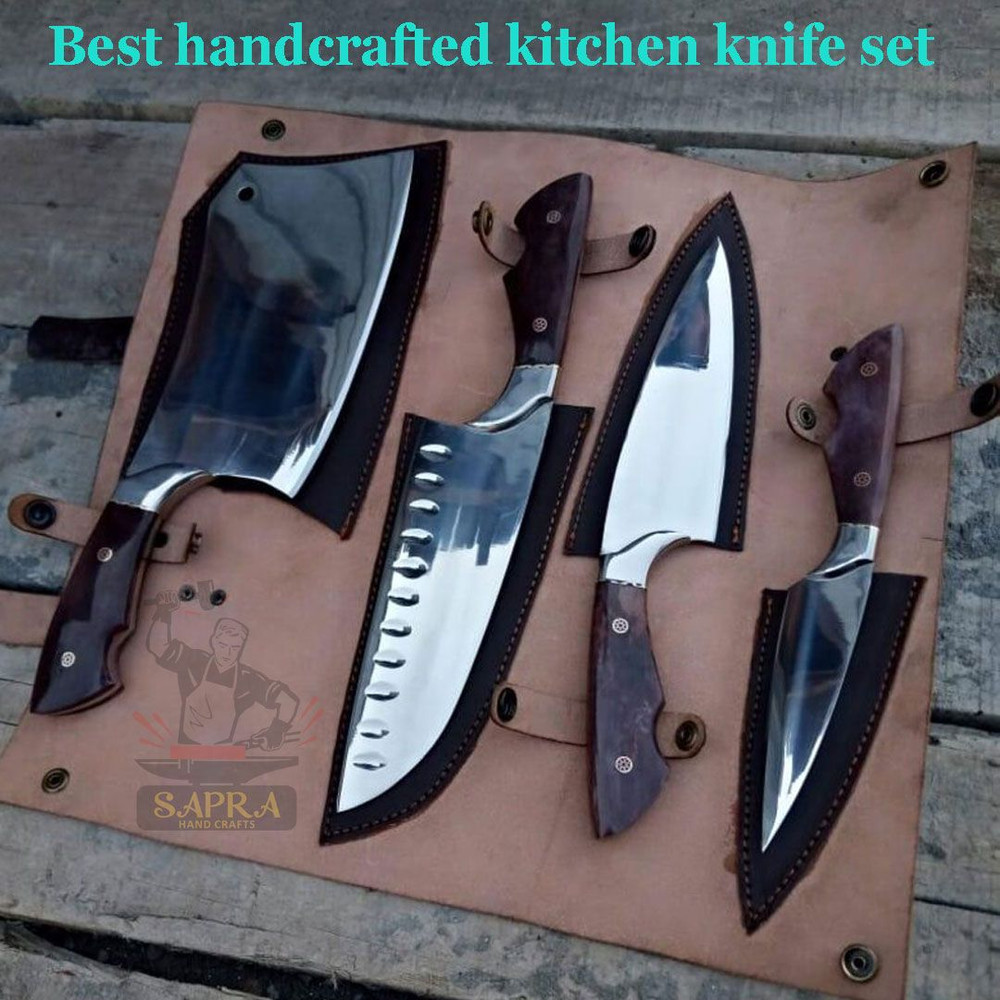 4Piece Handcrafted Kitchen Knife Set With Leather Roll Bag 1