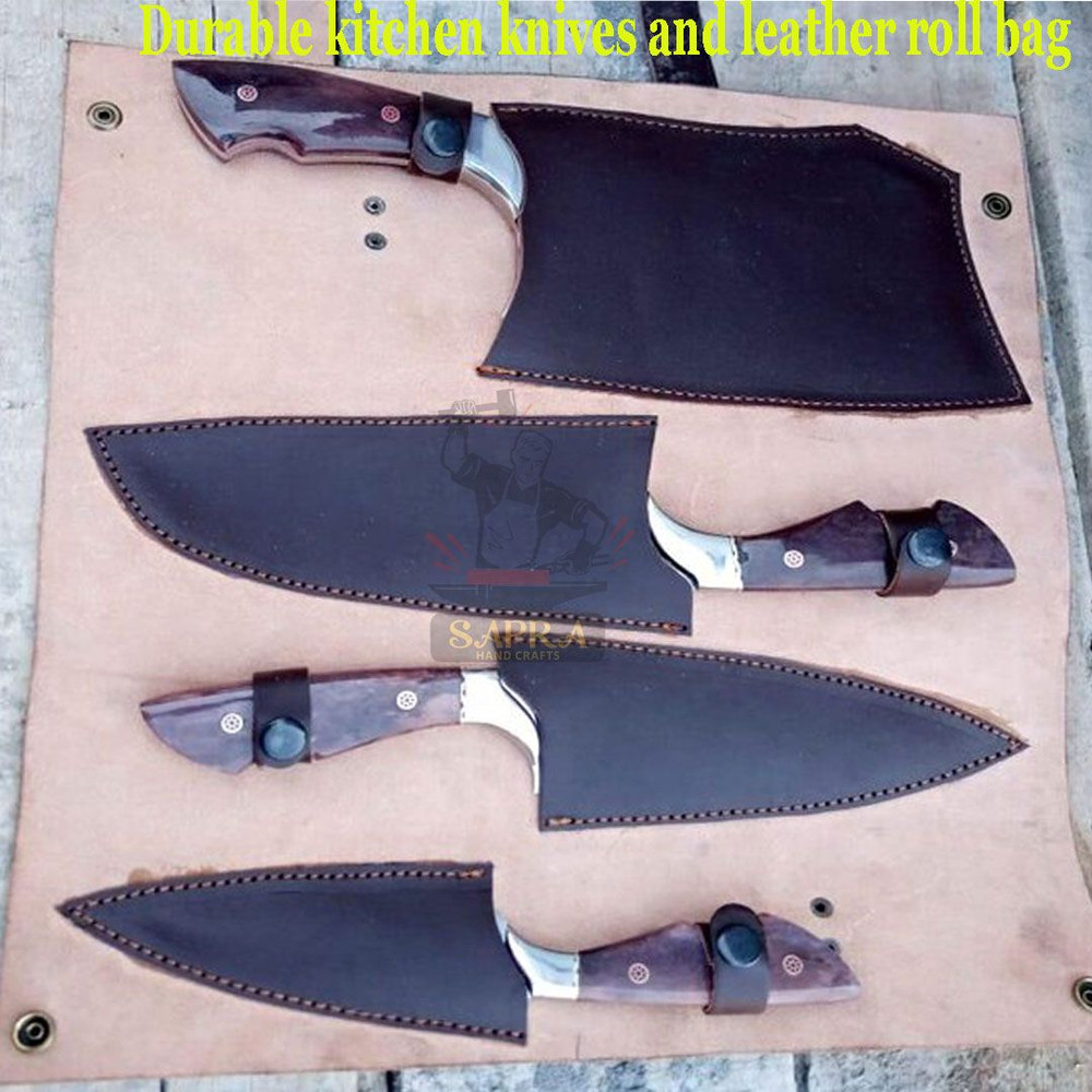 4Piece Handcrafted Kitchen Knife Set With Leather Roll Bag 2