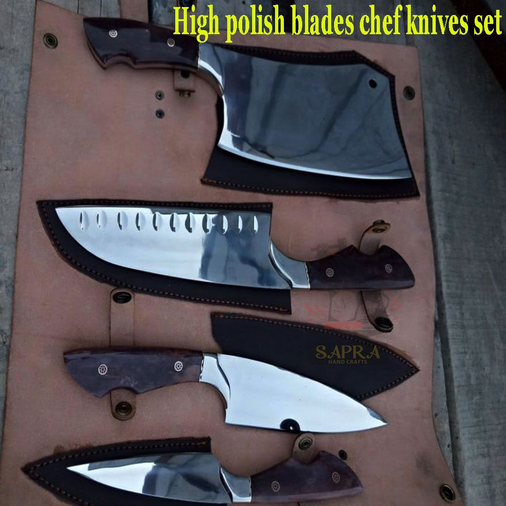 4Piece Handcrafted Kitchen Knife Set With Leather Roll Bag 4